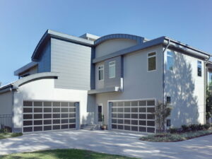 Glass panel garage doors.