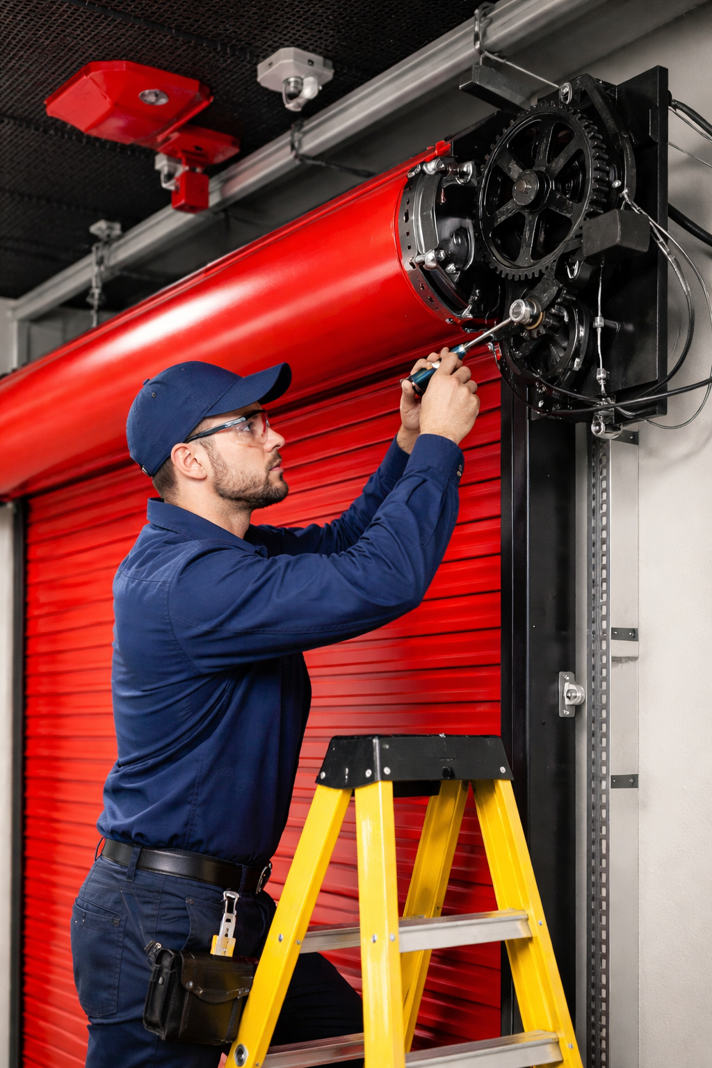 Technician inspecting and repairing a rolling steel fire door mechanism in a commercial building.