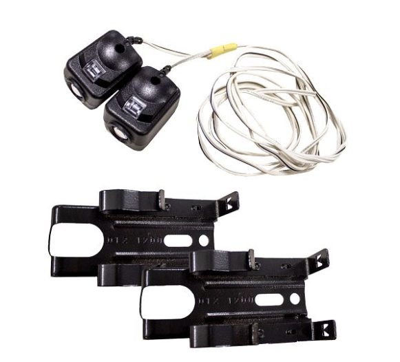 Garage door photo eye safety sensors with attached wiring and two black metal mounting brackets.